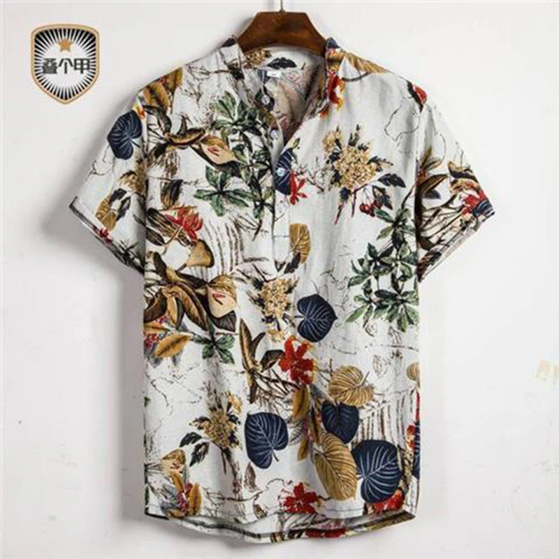 

Men Shirts Hawaiian Printed Short Sleeve Blouse Man Loose Button Camisa Summer Floral Patchwork Chemise Masculina M-3XL