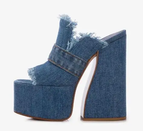

Summer Blue Denim Peep Toe Platform Patchwork Slippers Women Jeans Thick Sole Chunky Heels Slip On Party Slide Shoes Size 43
