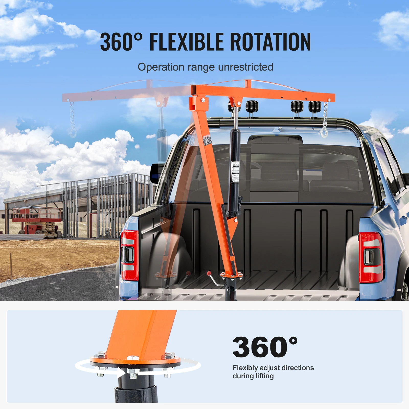 SucceBuy 1000lbs Hydraulic Pickup Truck Crane 360° Swivel Hitch Mounted Crane Hoist with Three Boom for Lifting Goods in Factory