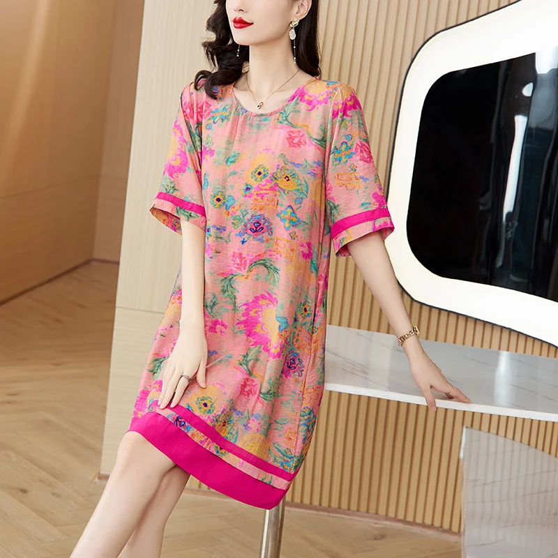 

2024 Floral Mulberry Silk Chiffon Sexy Midi Dress Women Boho Fashion Beach Casual Dress Spring Summer New Elegant Loose Vestidos