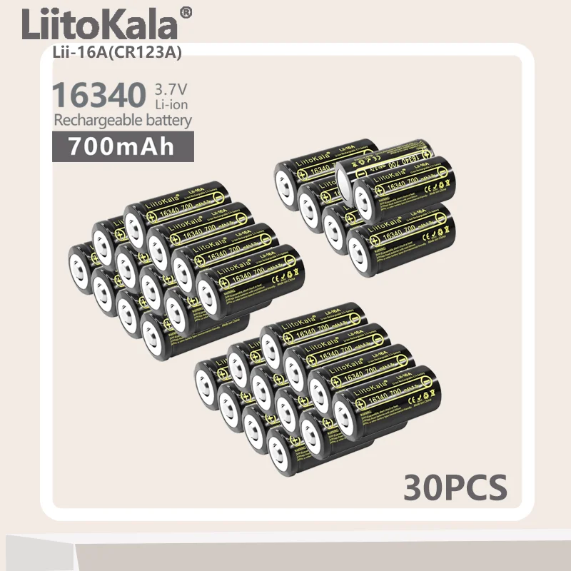

Аккумуляторная батарея LiitoKala Lii-16A 16340, 30 шт., 700 мАч, 3,7 в, литий-ионный аккумулятор CR123A для светодиодного фонарика Arlo, камера видеонаблюдения L70