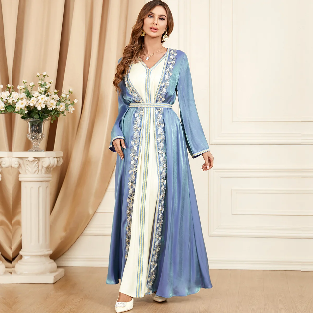 Ramadan Satin Caftan Marocain Femme 2 Piece Abaya Set for Muslim Women Chic Appliques Belted Robe Arabic Africano Mujer