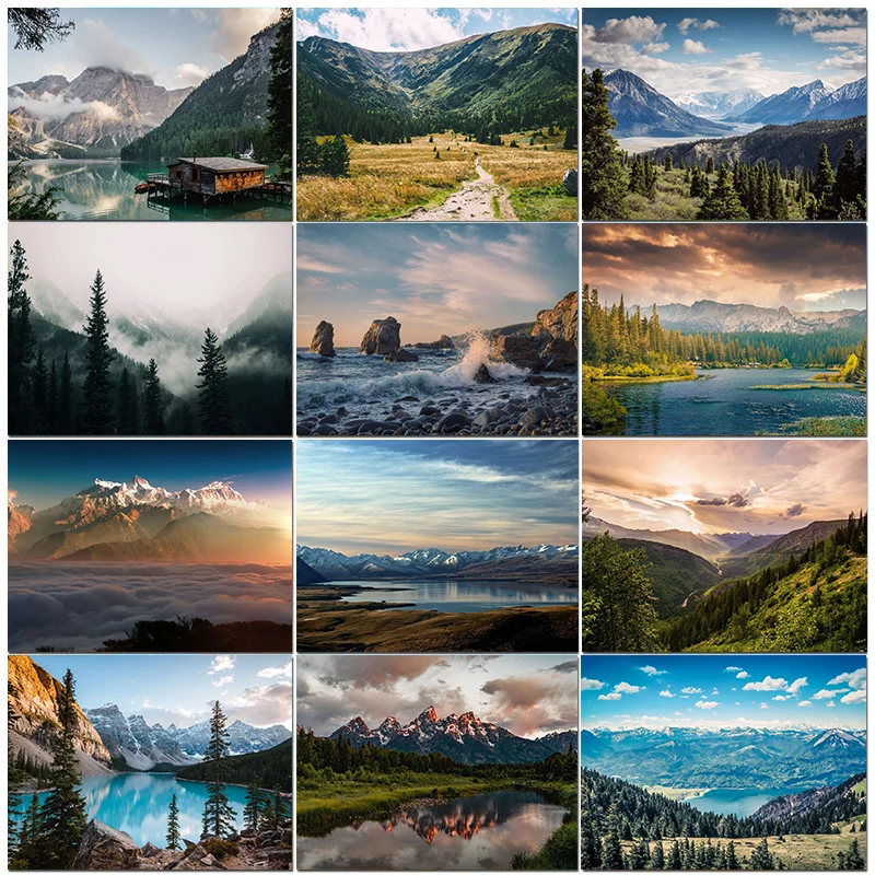 Abstract Nature Landscape Misty Forest Mountain Lake Boat Poster Canvas Painting Wall Art Pictures Nordic Home Decor