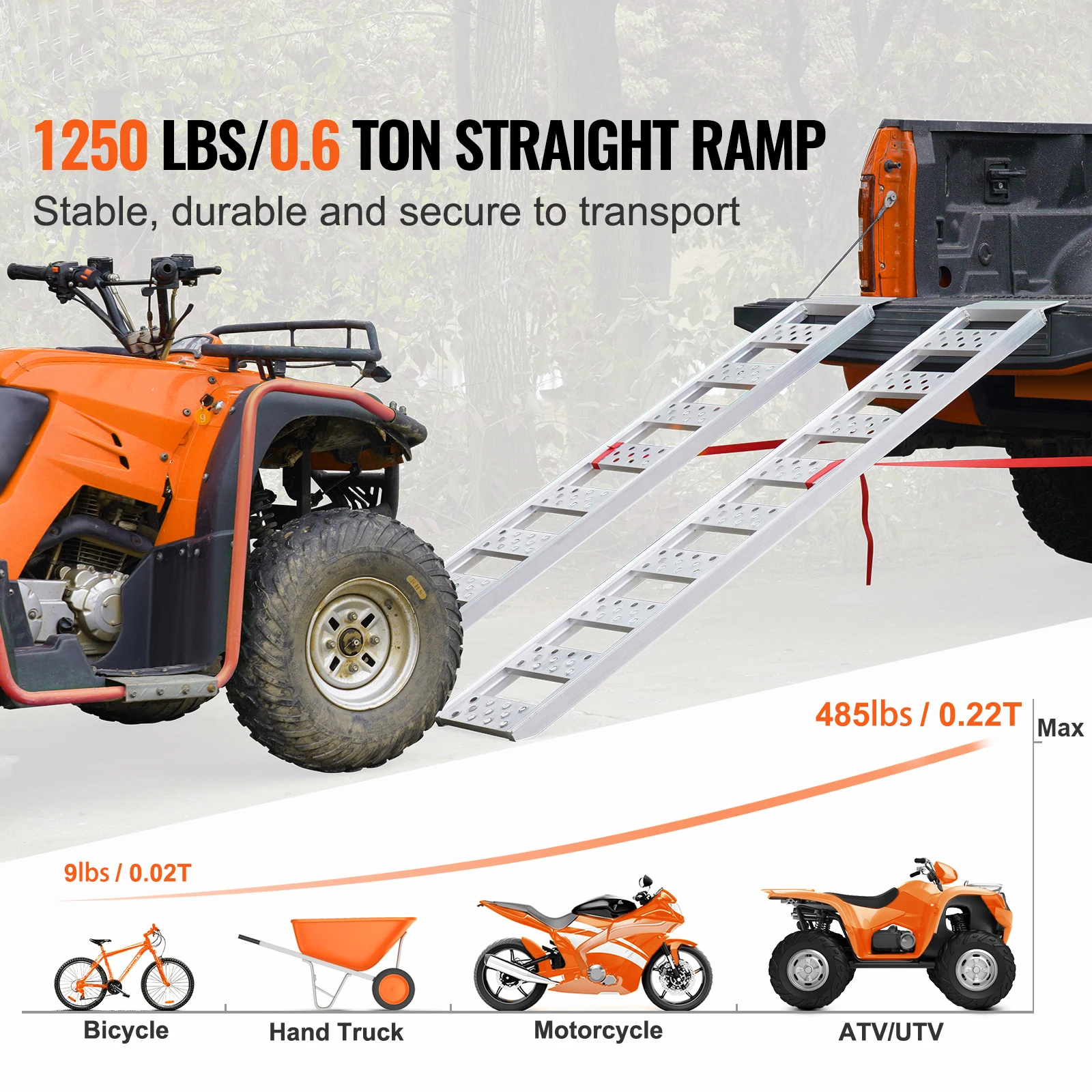 SucceBuy Aluminum Ramps 1250 lbs Straight Ramp with Treads & Load Straps Portable Loading Ramp for Motorcycles ATVs Trucks  2Pcs