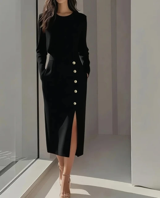 Women's  Solid Color Long Sleeves Elegant Midi Dress with Button Details and Side Slit - Crew Neck