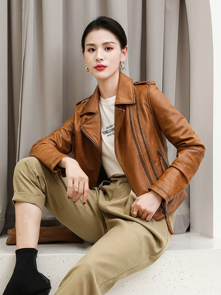 

Leather coat women's short 2020 Haining leather motorcycle jacket slim little leather coat