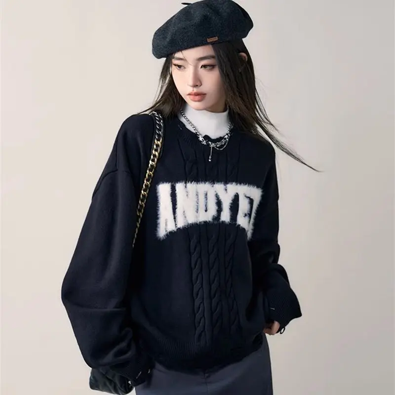 

Autumn Women's Sweater Vintage Letter Print Long Sleeve Korean Fashion Casual Y2k Female Hollow Out Knitted Pullover Tops T267