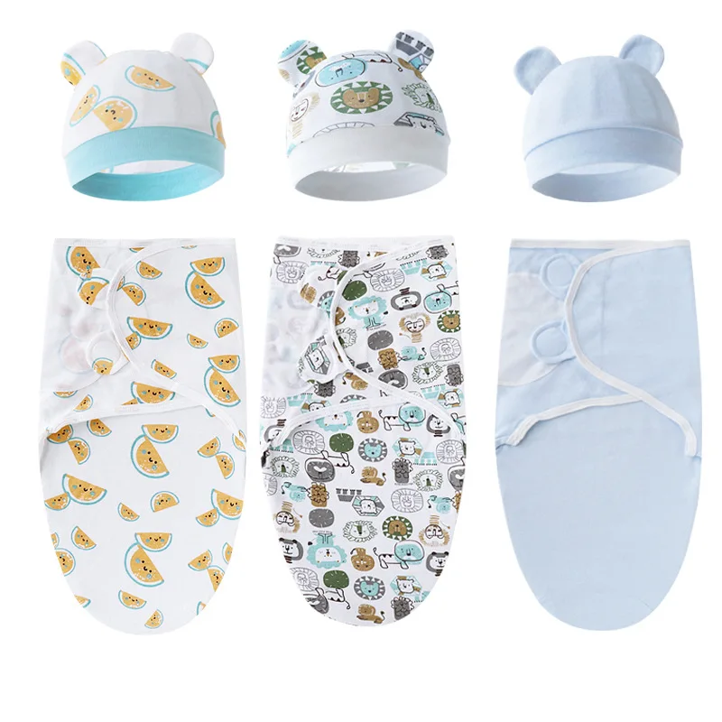 Swaddle Blanket Cotton Baby Swaddle Wrap Hat Set for Infant Adjustable Newborn 0-6 Month