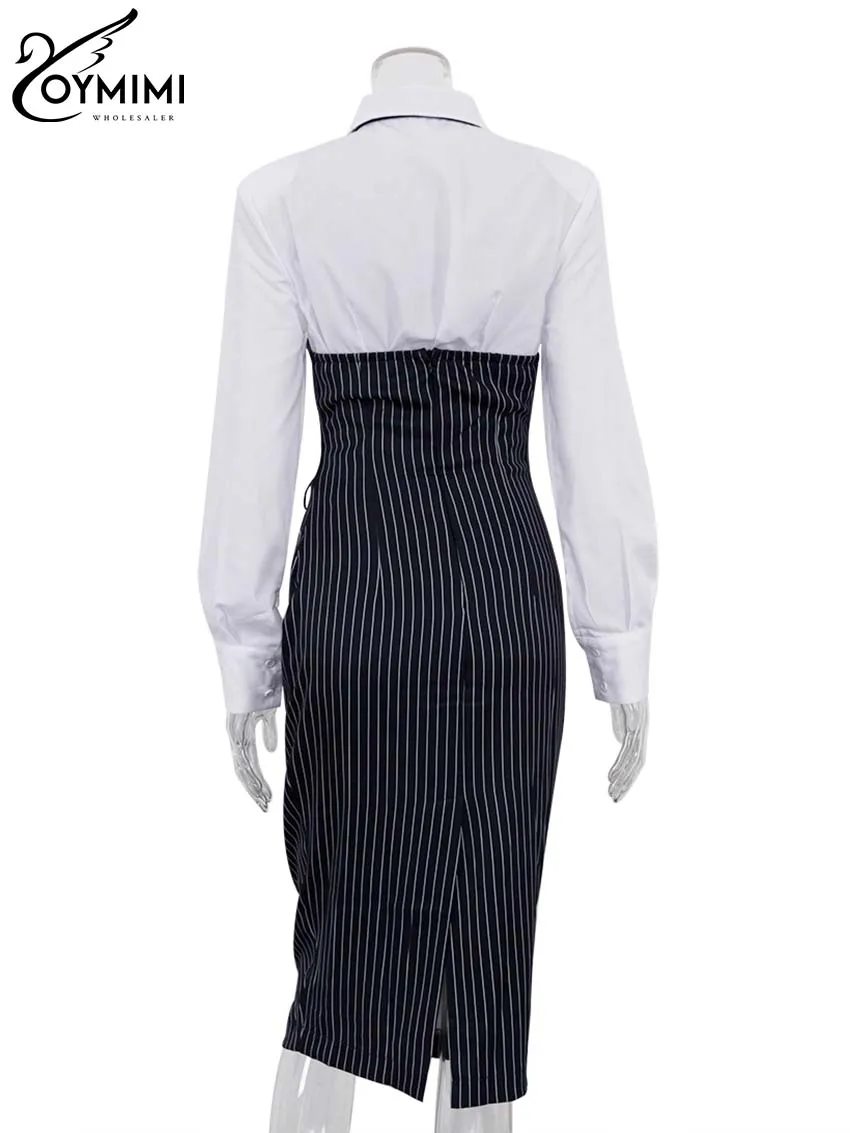 Oymimi Elegant Slim Women Two Piece Set Fashion Long Sleeve Button White Shirts And Strapless Bandage Print Slim Dresses Sets