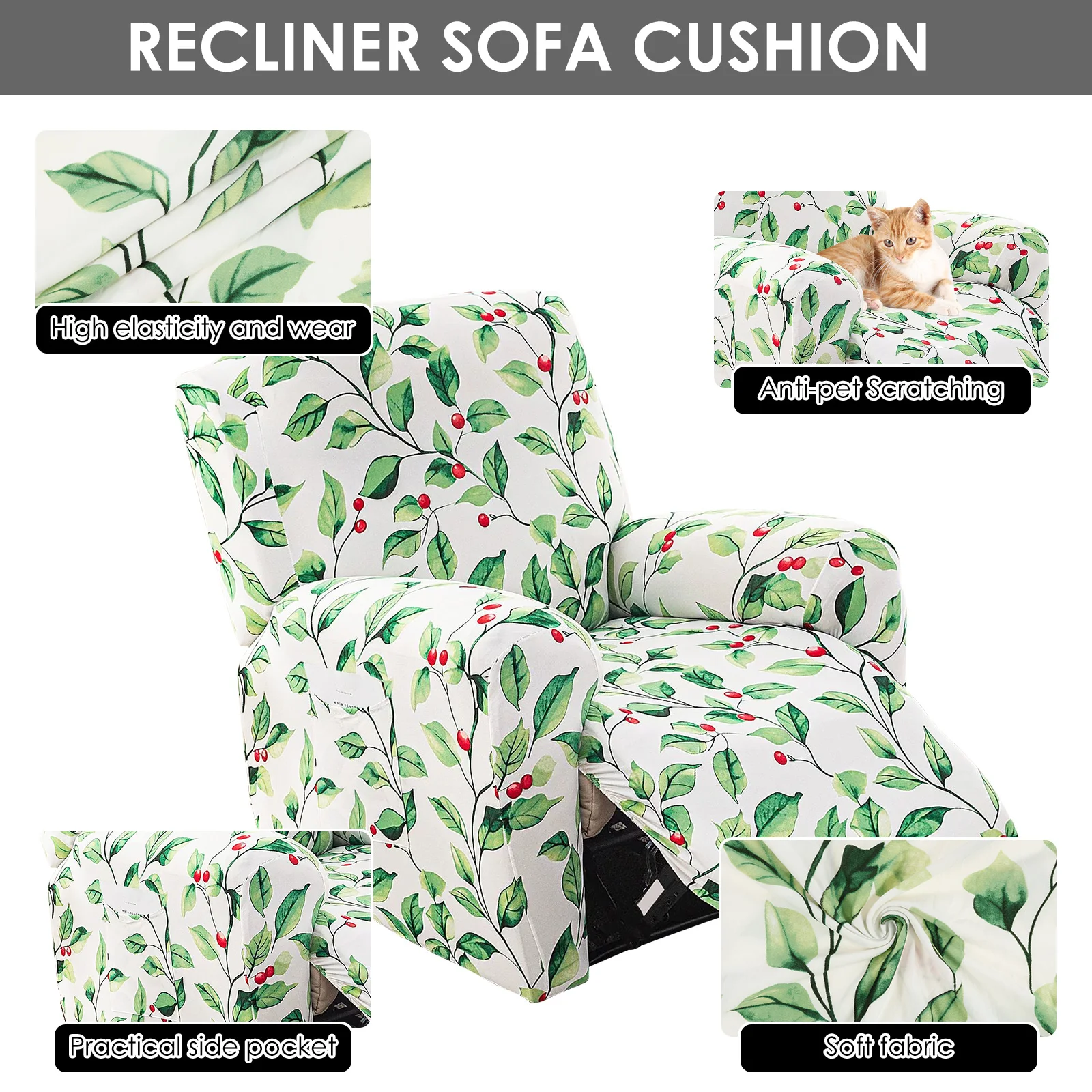 4Pcs Recliner Chair Cover Single Stretch Couch Covers with Side Pockets Non Slip Printed Sofa Protector Decorative Couch Cover