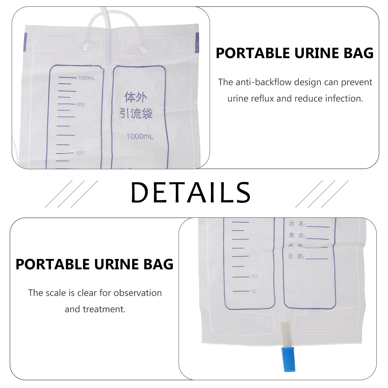 Anti Backflow Urine Collection Bag Portable Drainage Bag Patients Supplies PVC Urine Urological Consumables Health 4 Pcs
