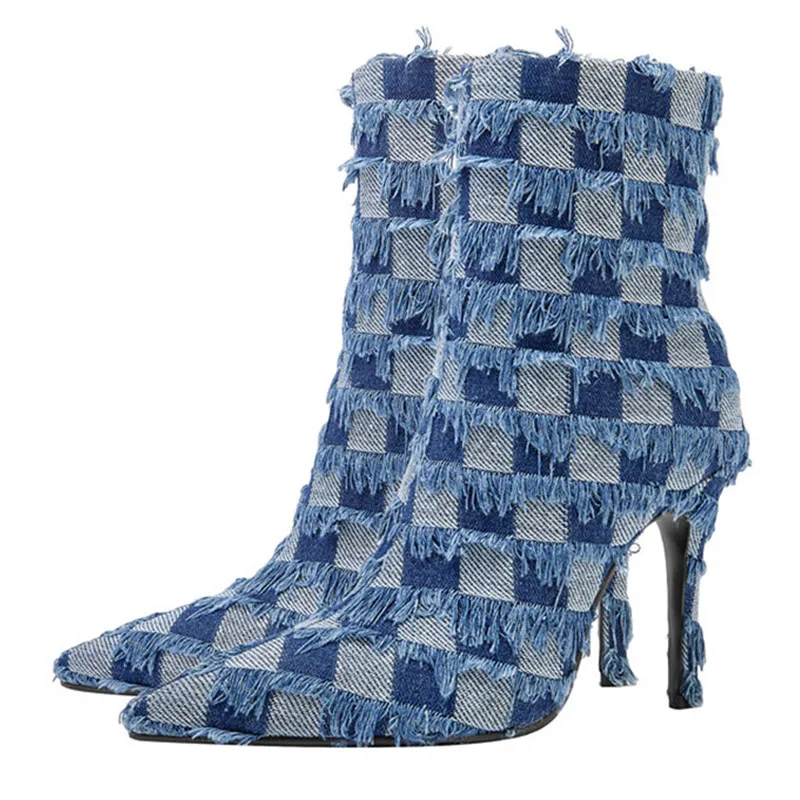 

2023 New Washed Denim Plaid Ragged Women's Ankle Boots Pointed Toe Thin Heels Shoes For Women Side Zipper Female Short Boots