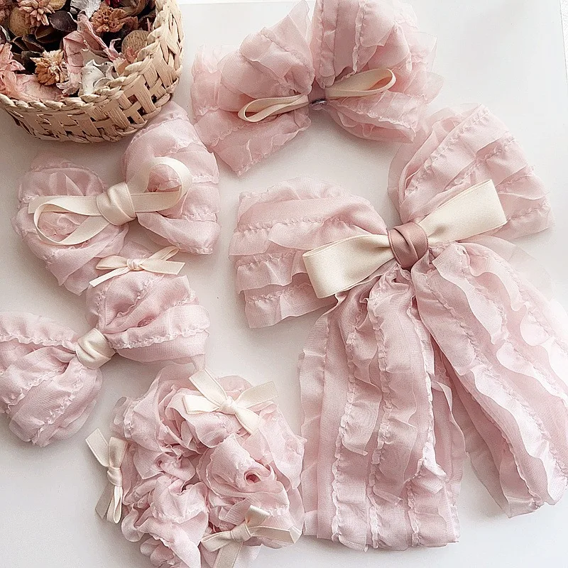 어린이 소녀용 새로운 달콤한 핑크 쉬폰 리본 헤어 클립 세트, 귀여운 러플 헤어..