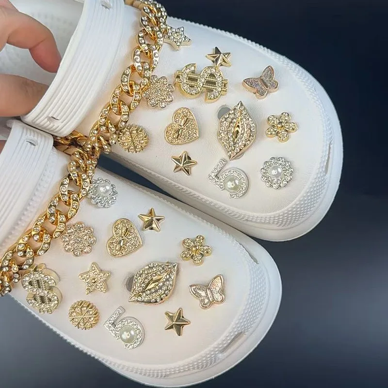 Luxus Schuh Charms Set Zubehör Loch Schuh Schnalle Goldene Strass Blume Lippe Perle Kette DIY Schuhe Dekorationen Party Geschenk – Detail 11