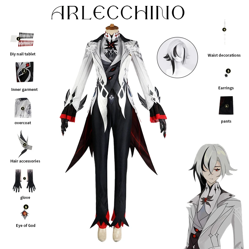 

Genshin Impact New PV Skin Arlecchino The Knave Cosplay Costume Full Set Long Wig Uniform Eleven Fatui Harbingers Costume Outfit