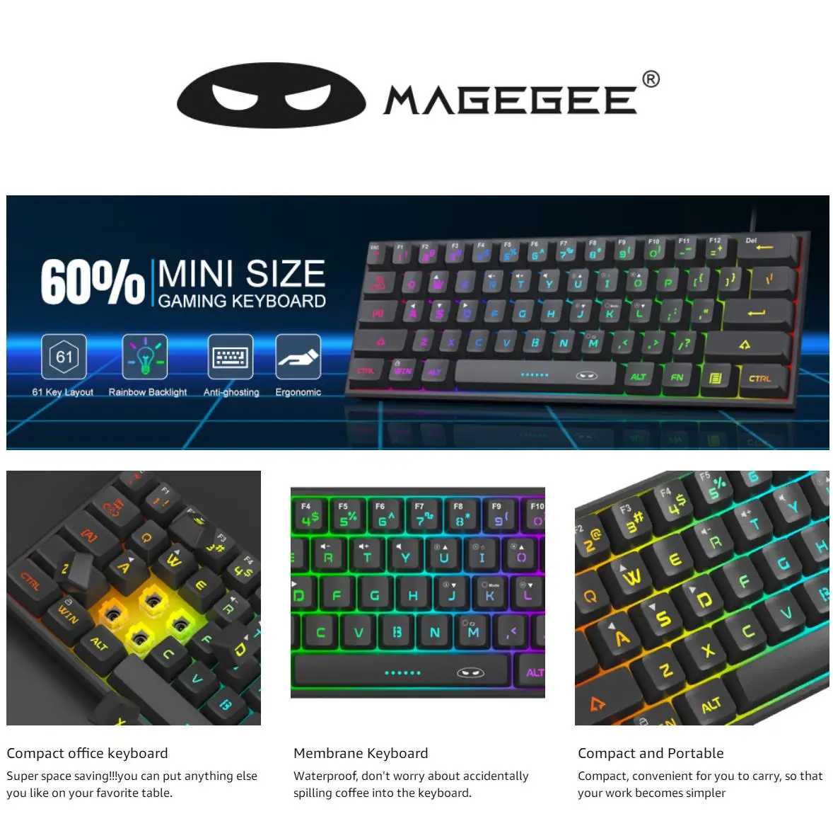 MageGee TS91 Mini 60% Gaming/Office Keyboard,Waterproof Keycap Type Wired RGB Backlit Compact Computer Keyboard for Windows/Mac/