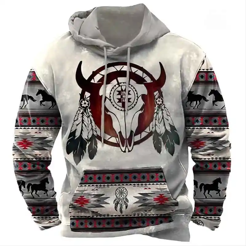 Erkekler icin sonbahar Hoodie Vintage kabile grafik bask moda uzun kollu ti ortu sokak rahat boy erkek giyim