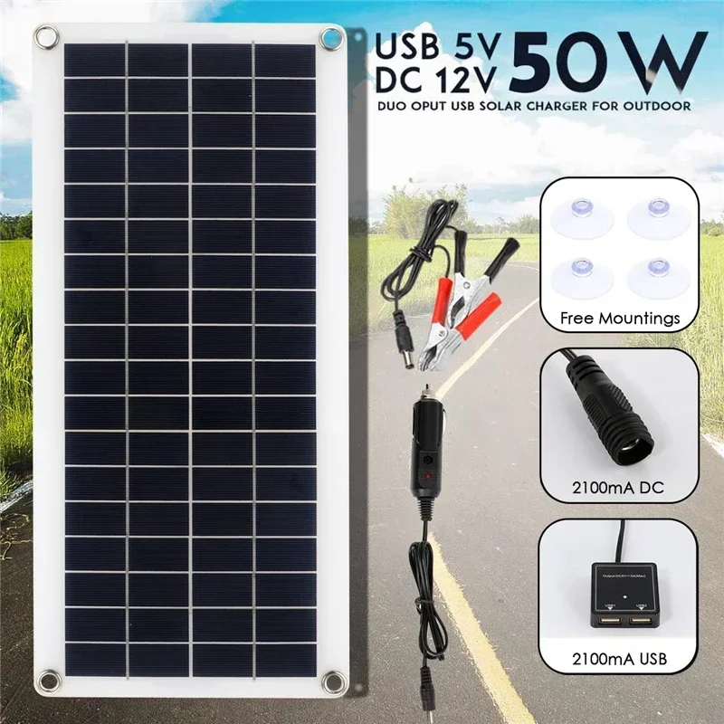 

Portable Outdoor Solar Panel, Monocrystalline USB Power, Cell, Car, Ship, Camping, Hiking, Travel, Phone Charger, 50W, 12V