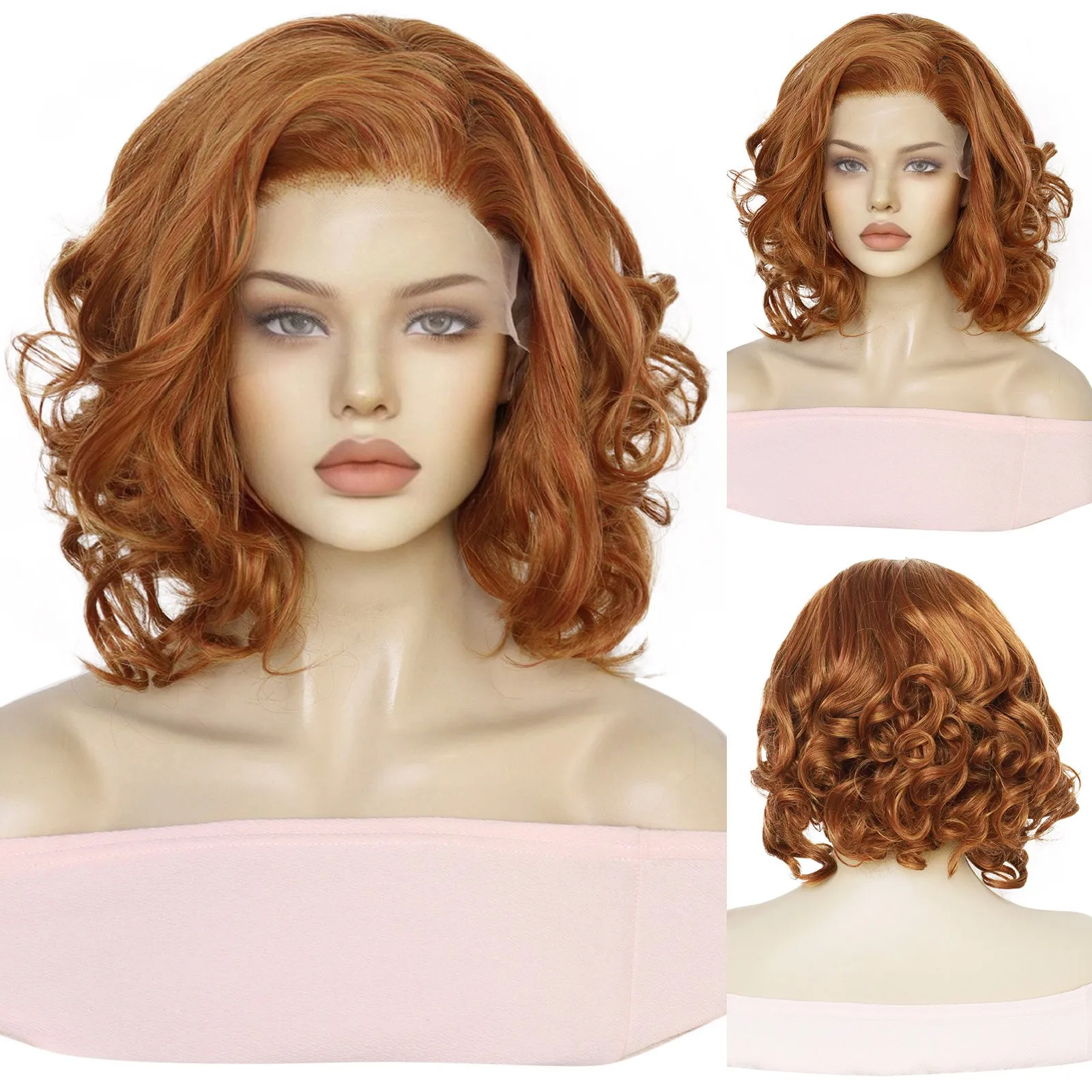 Lace Front Wig 13*2 Shoulder Length Finger Wave Ginger Bob 12 inch Short Ginger Brown Mixed Deep Wave