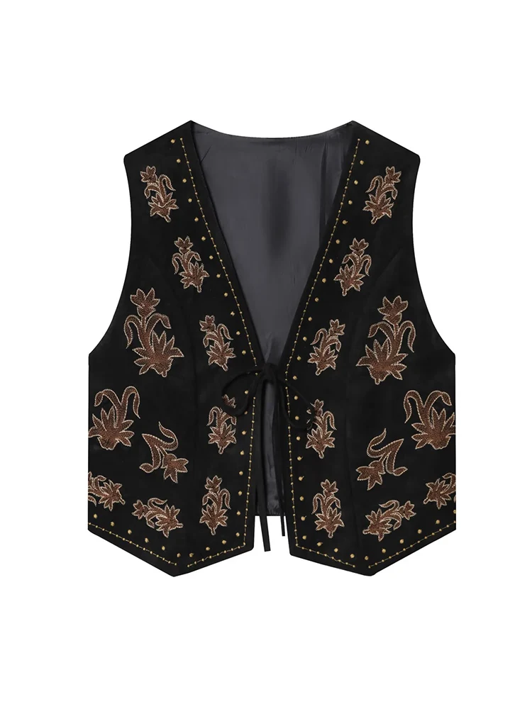 Vintage Autumn Women Embroidered Vest Sleeveless Jacket Elegant V Neck Chic Suede Lace Up Waistcoats Female Fashion Vests Coat