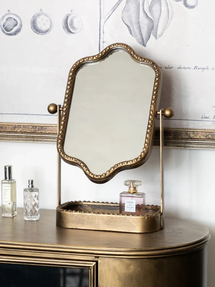 

European Retro Style Metal Cosmetic Mirror Originality Iron Art Frame High Definition Home Bedroom Desktop Storage Vanity Mirror