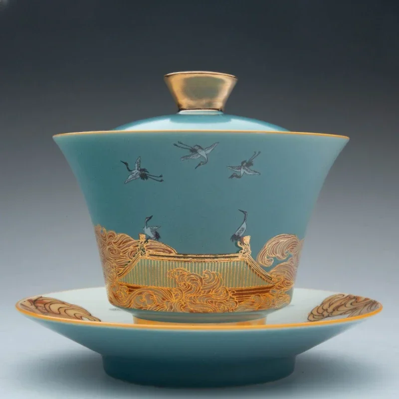 Tri-ColorCeramicGaiwan Set - ChineseSancaiTeaCupwithFair Cup & Pot Holder for Gongfu Brewing, TraditionalTea CeremonyAccessories