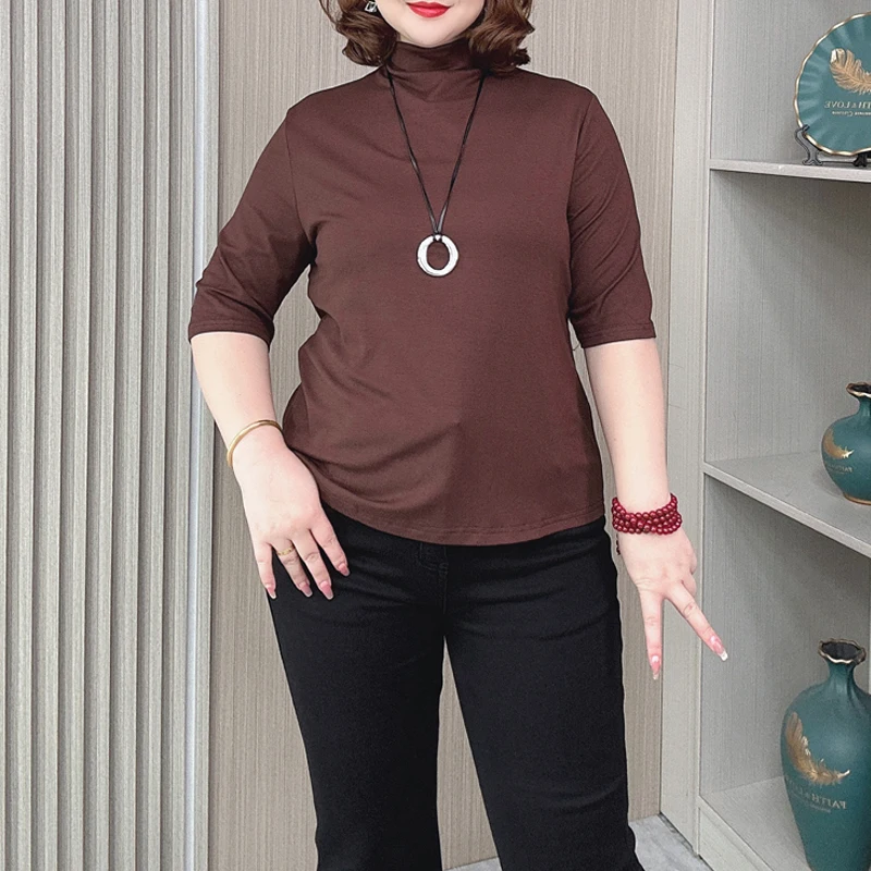 Women's Half Sleeve Cotton T-shirt, Plus Size Tops, Stand Collar, Solid Color, Spring and Autumn, New