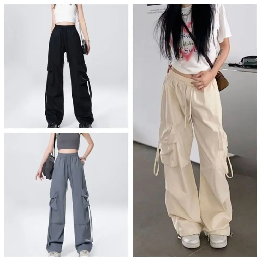 Drawstring Wide Leg Sweatpants Multi-pockets Oversized Baggy Cargo Pants High Waisted Y2K Women Joggers Trousers Sports