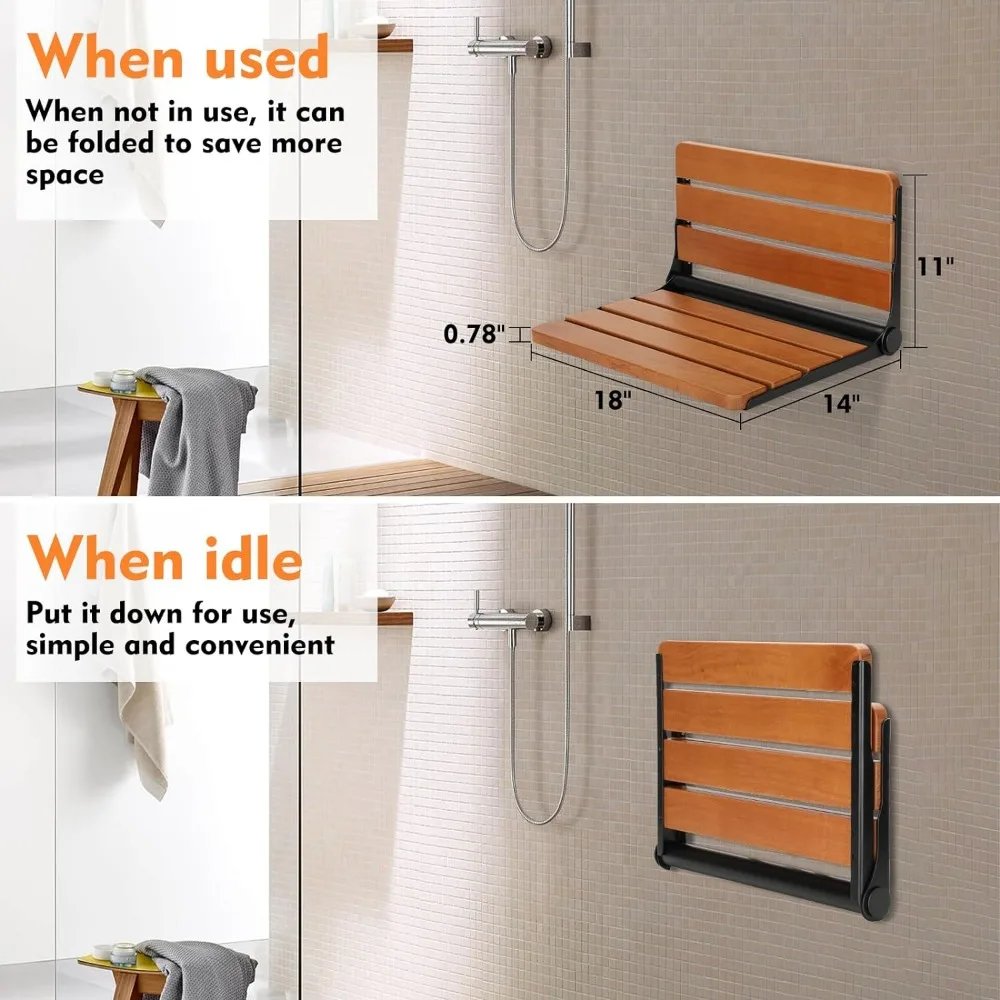 18" Teak Folding Shower Seat Wall Mounted,Fold Down Shower Bench for Shower Space Home Care Teak Wood Stool Aximum Load 380lb 6