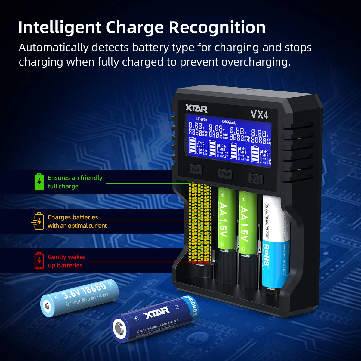 Battery Charger XTAR VX4 18650 Visible Mixer Rechargeable AAA/AA Li-ion /Ni-MH /LiFePO4 20W fast charging LCD display
