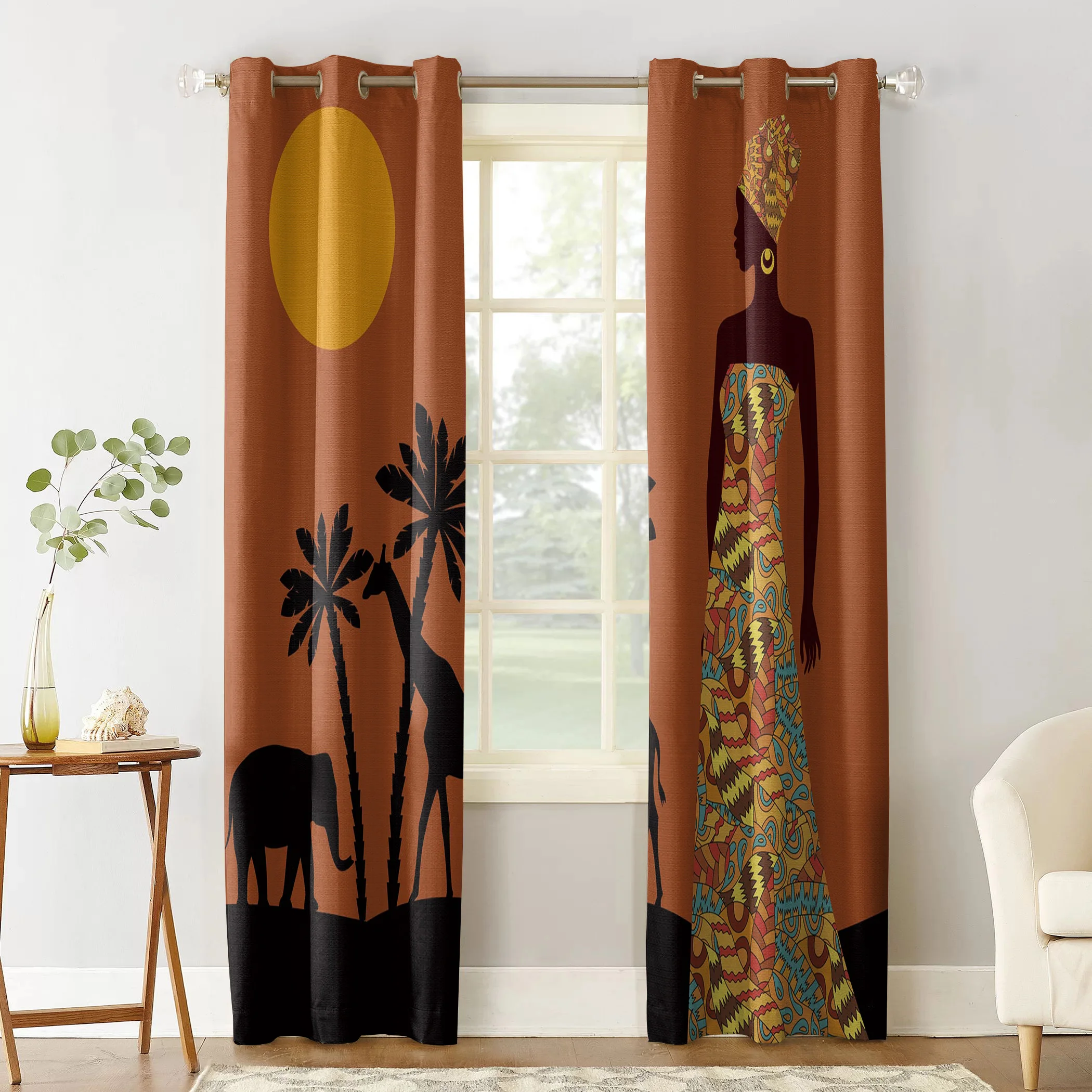 Black Woman African Savannah Tropical Landscape Window Curtains Living Room Curtain Home Decor 2
