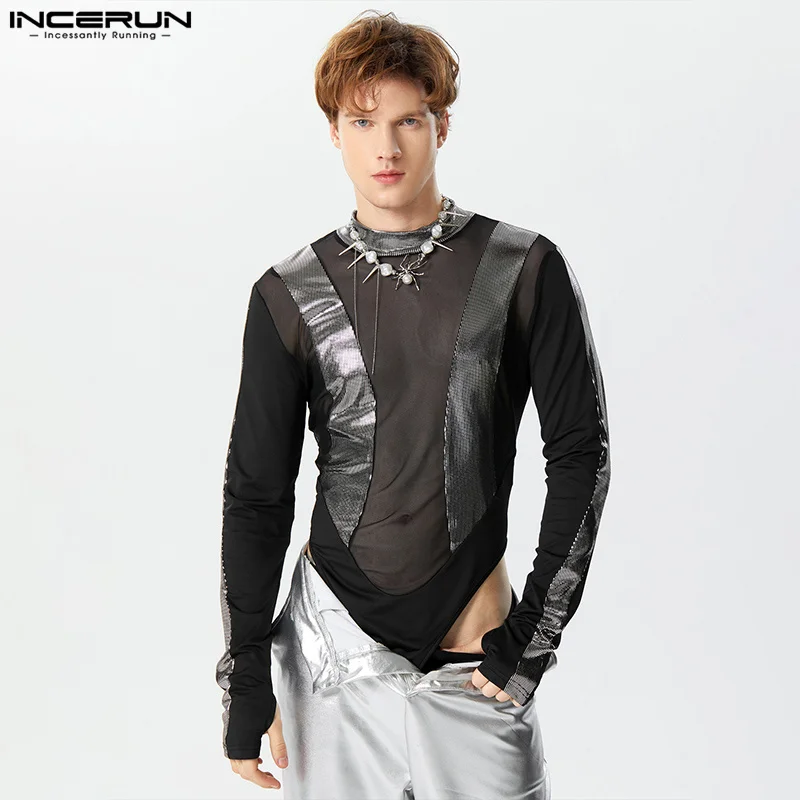 

INCERUN Men Bodysuits Mesh Patchwork Shiny Turtleneck Long Sleeve Transparent Rompers Men Streetwear 2024 Fashion Bodysuit S-3XL