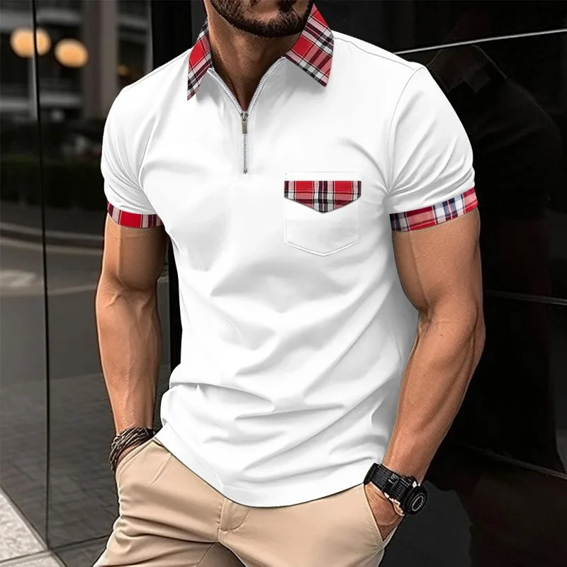Polo da uomo a quadri con cerniera e tasche, maglietta estiva casual sportiva a maniche corte - immagine 4