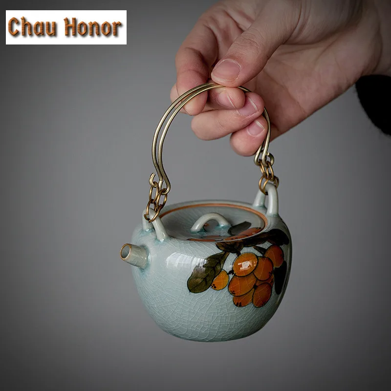 150ml Borneol Glaze Ceramic Teapot Pure Handpainted Loquat Art Tea Making Lifting Beam Pot With Fitter Household Kung Fu Teaware