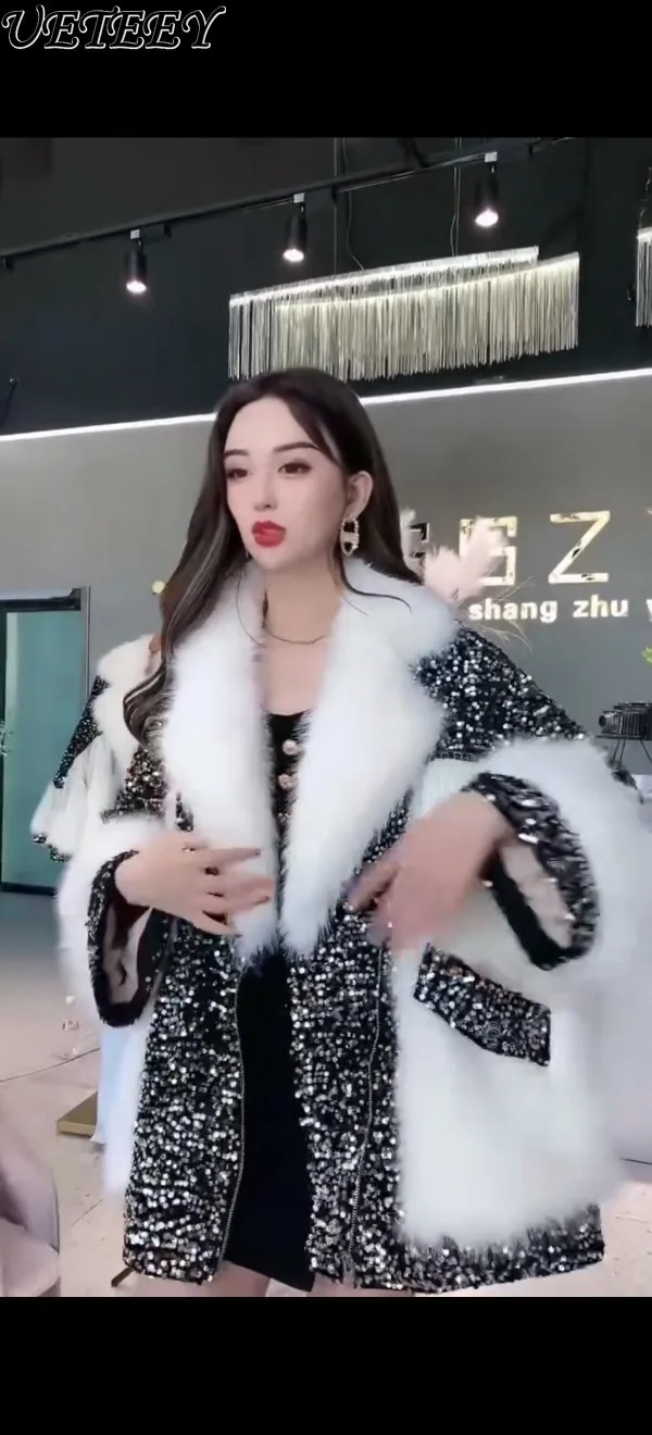 

High Imitation Toka Overcoat Heavy Sequins Tassel Leather Long Sleeve Furry Coats Women's Winter Loose Casual Faux Fur Jacket
