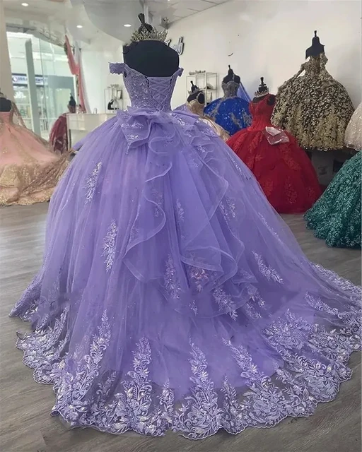 ANGELSBRIDEP Shiny Lavender Quinceanera Dresses With Bow Floral Lace Off-Shoulder Vestidos De 15 Anos Birthday Party Customized 1