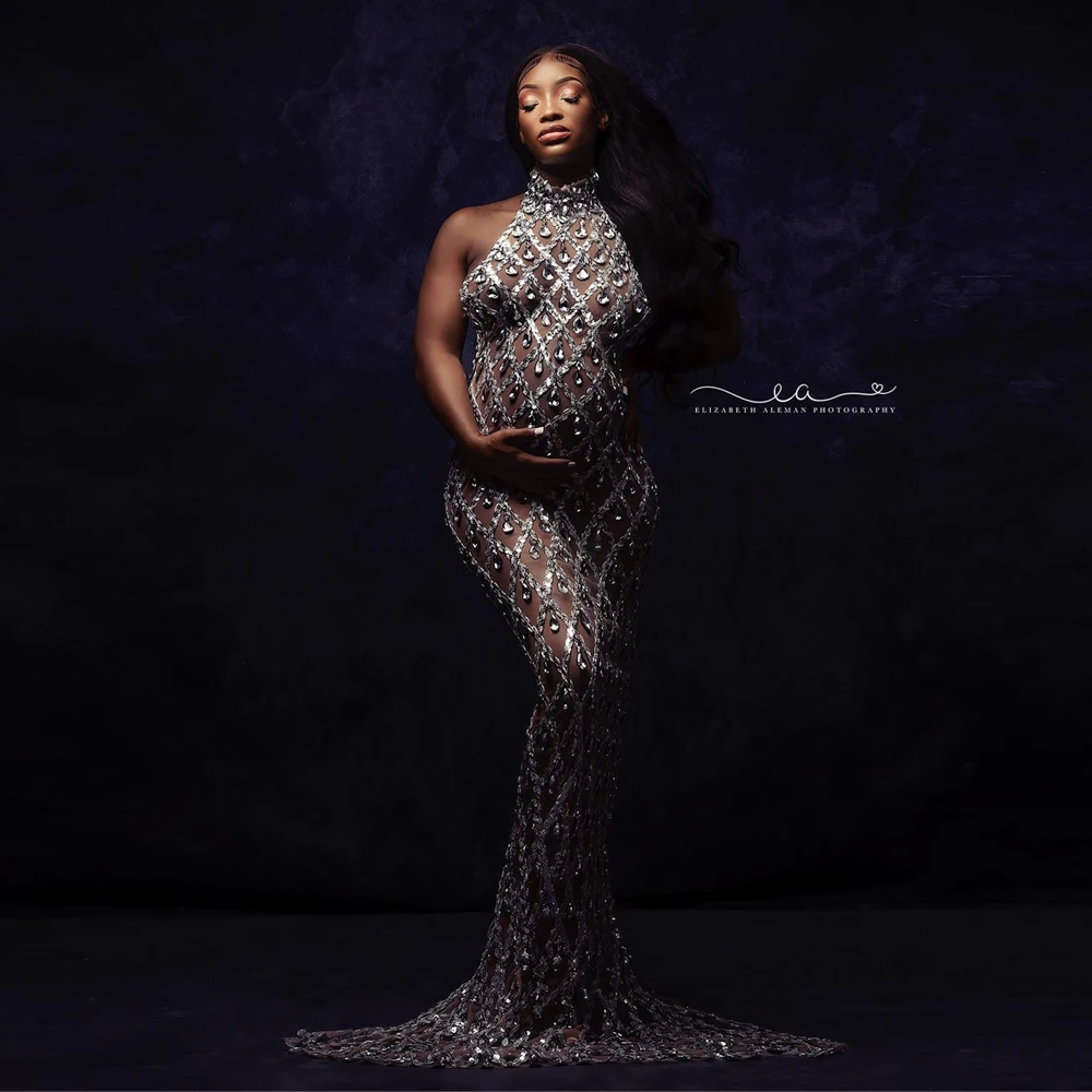 

Sexy Shiny Goddess Bodysuit Rhinestone Maternity Dress For Photo Shoot Plus Size Senior Pregnant Maternity Photography