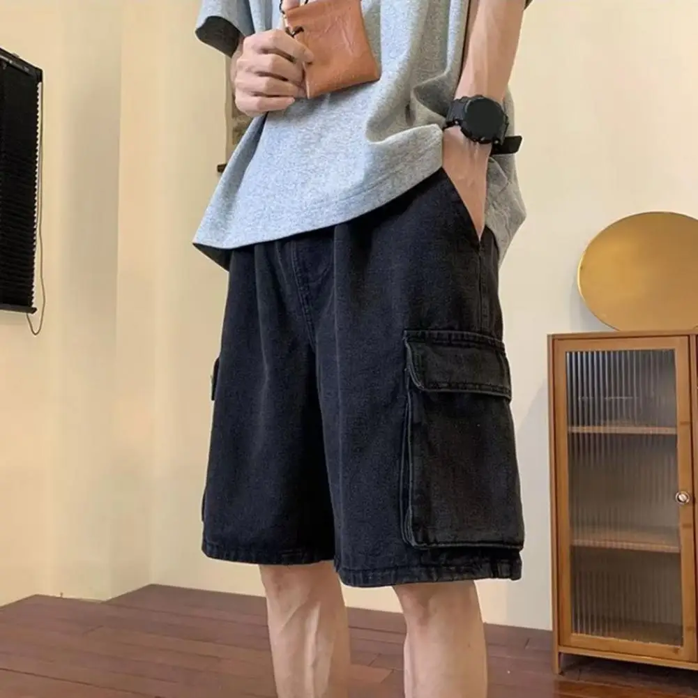 남성용 루즈한 와이드 레그 반바지, 멀티 포켓, 깊은 가랑이, 신축성 허리, 얇은 무릎 길이, 통기성 스트레이트 카고, 부드러운 여름 쿨링