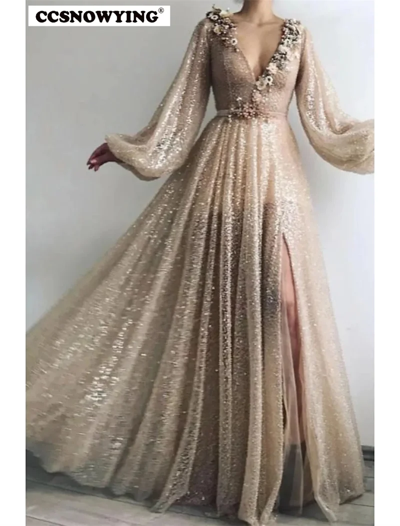 

Sexy Sequin Appliques Puffy Sleeve V Neck High Slit Tulle Muslim Evening Dresses Formal Party Hijab Women Arabic Kaftan Robe