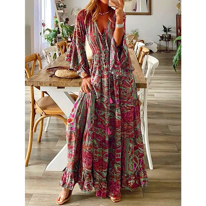 

Casual Ladies Half Sleeve Multicolor Loose Dress Bohemian Floral Print Long Dress Summer Women Waisted Side Split Dress Vestidos