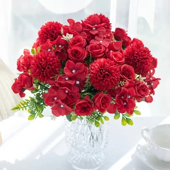 Rosa di seta crisantemo bouquet da sposa fiori artificiali matrimonio giardino esterno casa camera decorazione della tavola ghirlanda accessorio fai da te