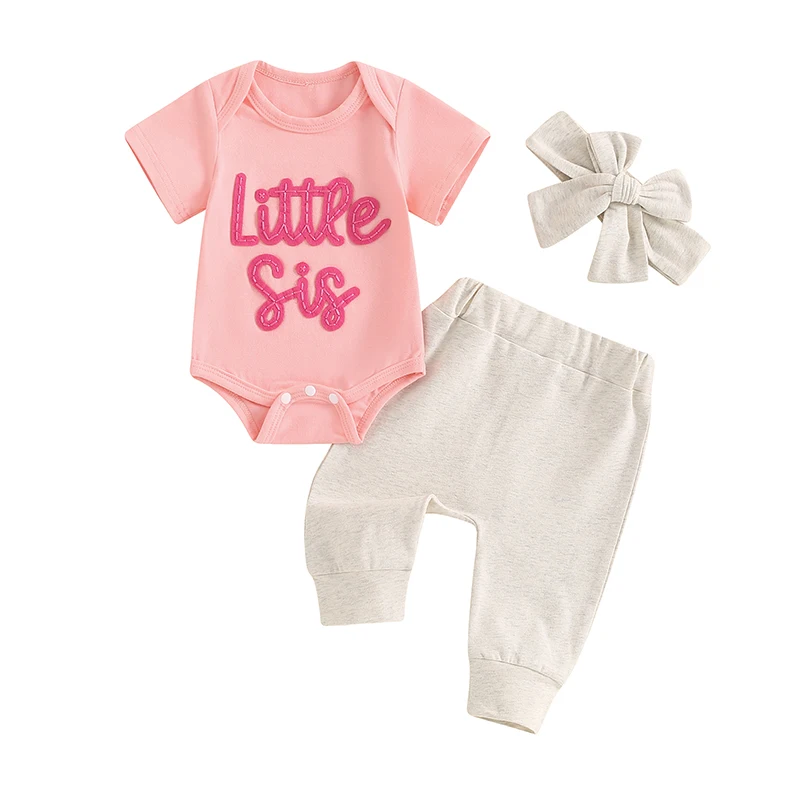 

Baby Girl Little Sister Newborn Outfit Letter Embroidered Romper Bodysuit Jogger Pants Headband 3Pcs Summer Clothes