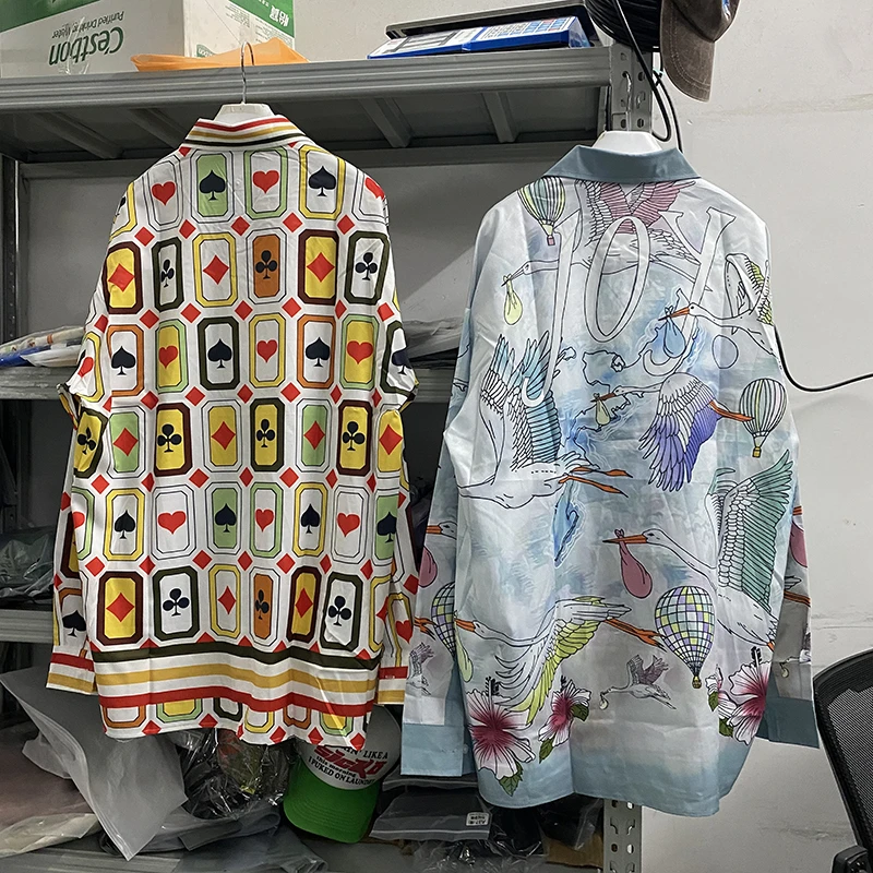 

23SS New Playing Card Printing Casablanca Shirts Men Women Long Sleeved Patchwork Color Hawaii Beach Shirt