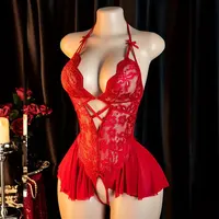 Lingerie rouge à col suspendu, Costume érotique pour adulte, soutien-gorge en V profond, sous-vêtements de femme sans entrejambe, robe ouverte de nuit sexuelle, body, combinaison Sexy 3