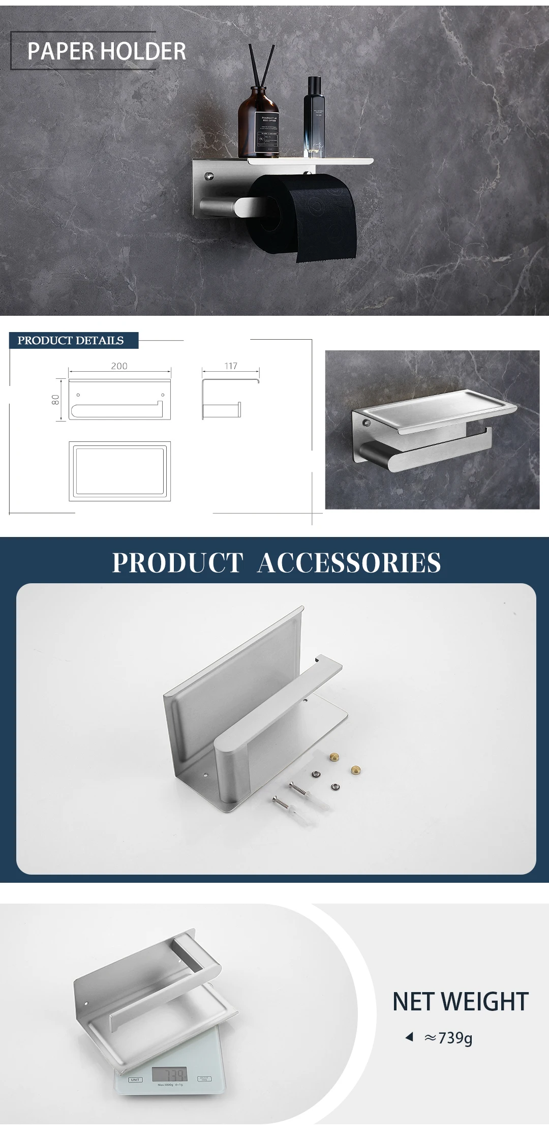 Brushed Bathroom Hardware Accessories Set  Brass Kit Towel Bar Ring Robe Hook Paper Holder Towel Ring Toilet Brush