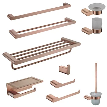ชุดอุปกรณ์ห้องน้ำติดผนังสแตนเลสสีโรสโกลด์ขัดเงา - ที่ใส่กระดาษชำระ ที่วางสบู่เหลว ตะขอแขวนเสื้อคลุม ดีไซน์หรูหรา 1