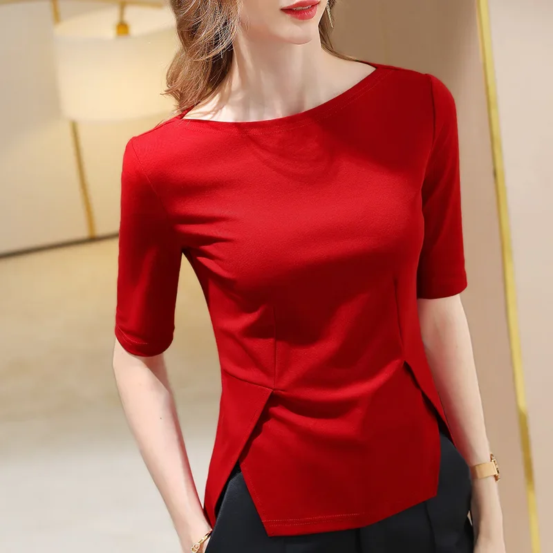 

Красная футболка с коротким рукавом, женская верхняя одежда на весну и осень, Базовый стиль, с разрезом на подоле, с воротником «одно слово», Y2k, верхняя рубашка (искусственная кожа) D313