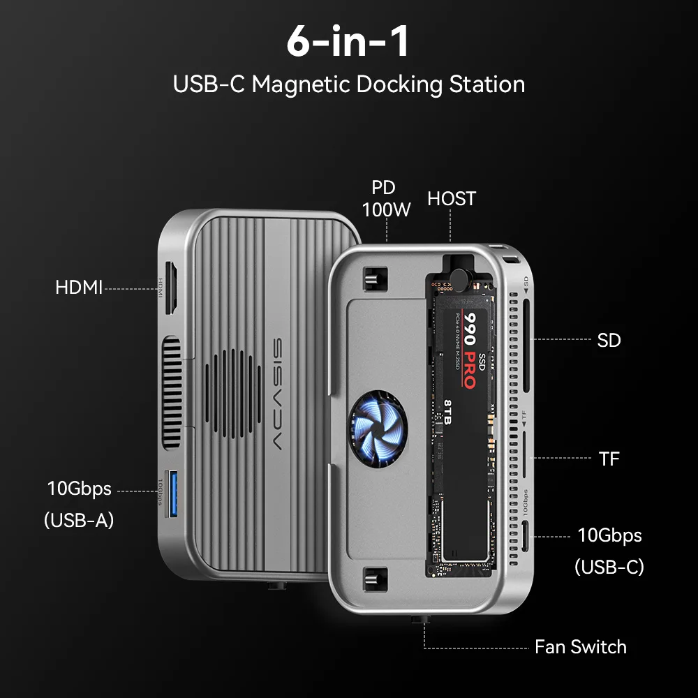 Magnetic USB-C Docking Station with M.2 NVMe SSD Enclosure, Cooling Fan, 4K HDMI, and 100W PD Support
