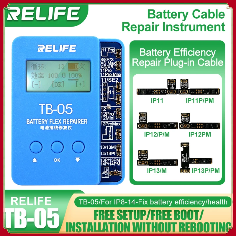 

RELIFE TB-05 Battery Repair Instrument for IP8~14/Pro/Plus/Pro Max Battery Data Reading Writing Battery Health Warning Error Fix