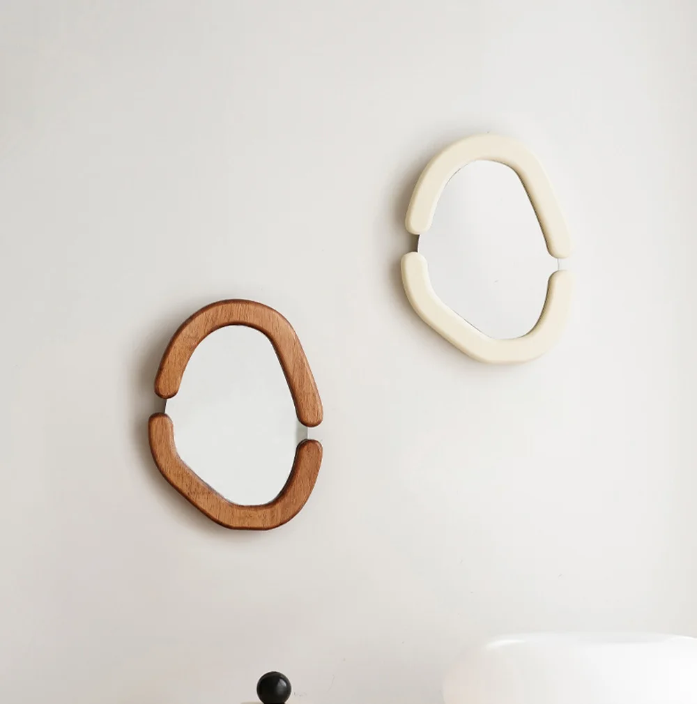 

Irregular Wood Framed Desktop or Wall Hanging Vintage Handmade Decorative Makeup Mirror